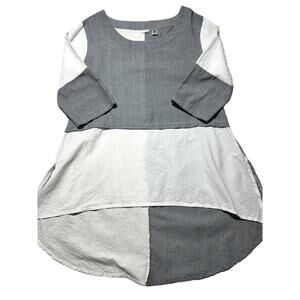 Kaktus Womens S Grey & White Striped Block Patterned High Low Linen Tunic Blouse